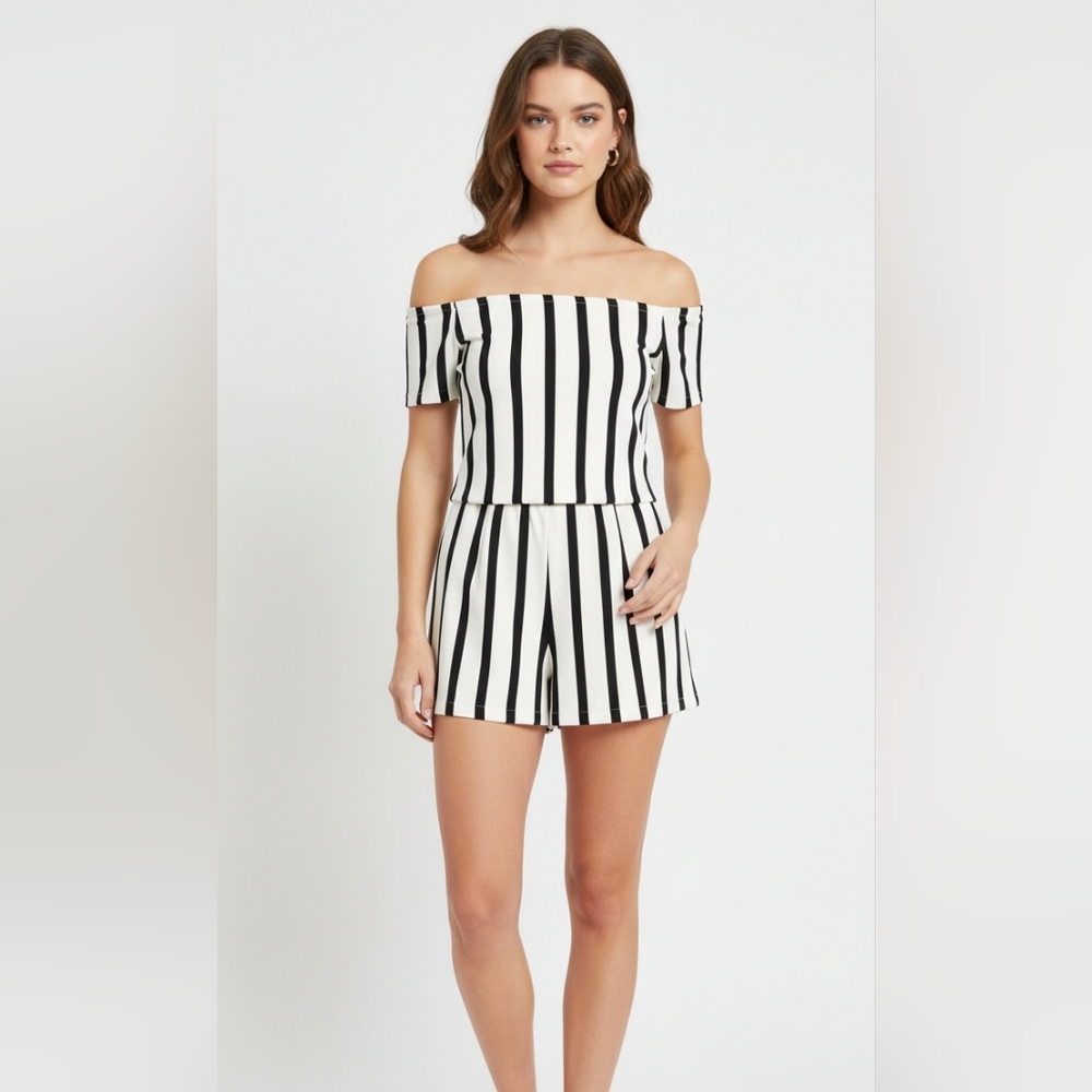 Topshop Romper Black Off White Striped Off Shoulder Layered 6 NWT
